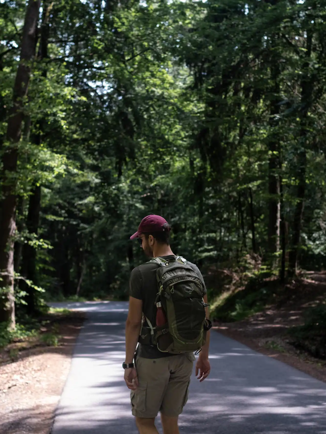 Homme avec un sac à dos kaki et une casquette bordeau se baladant en forêt