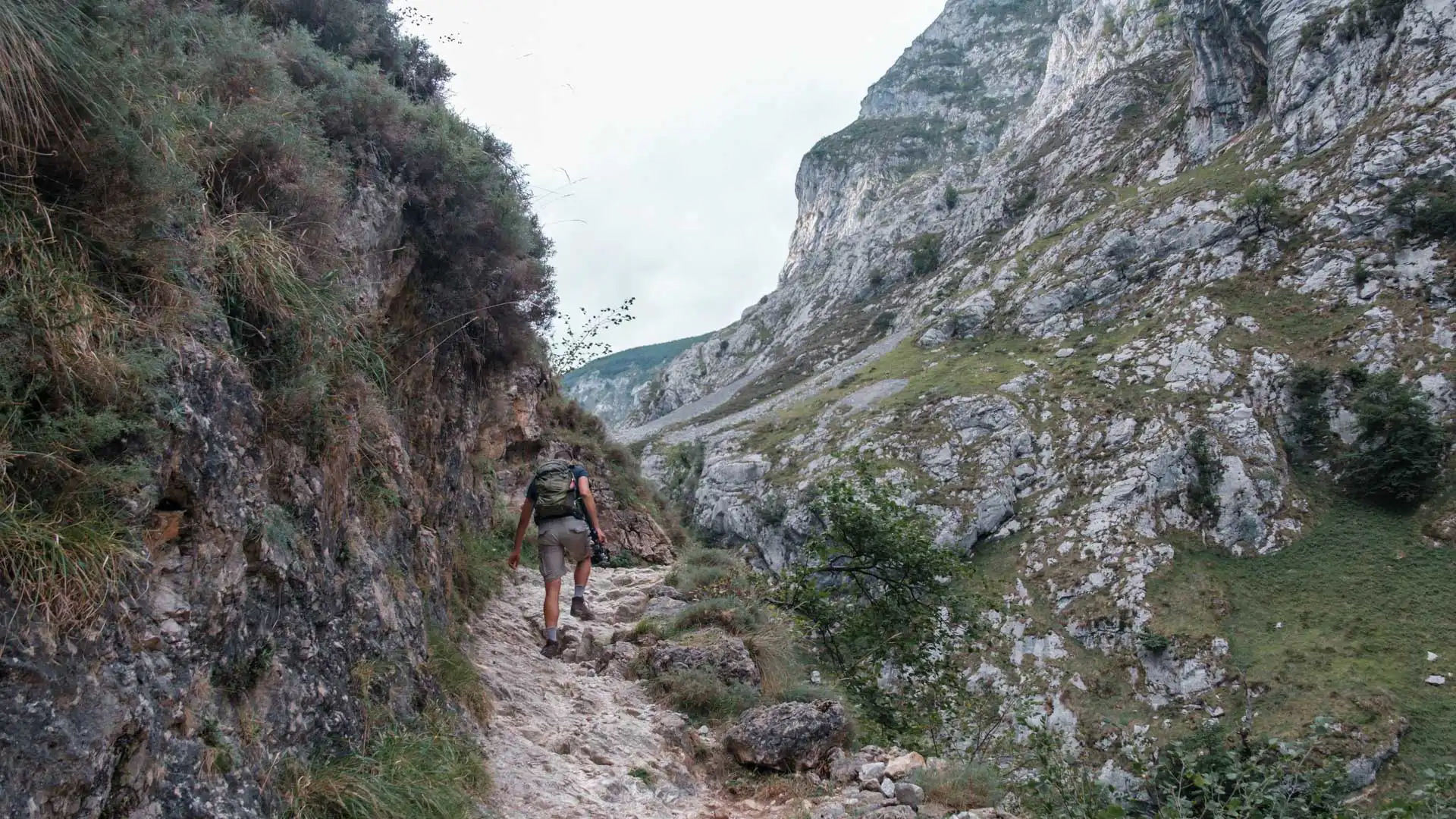 Randonneur sur un chemin en terre dans les Pics d'Europe, montagne en Espagne
