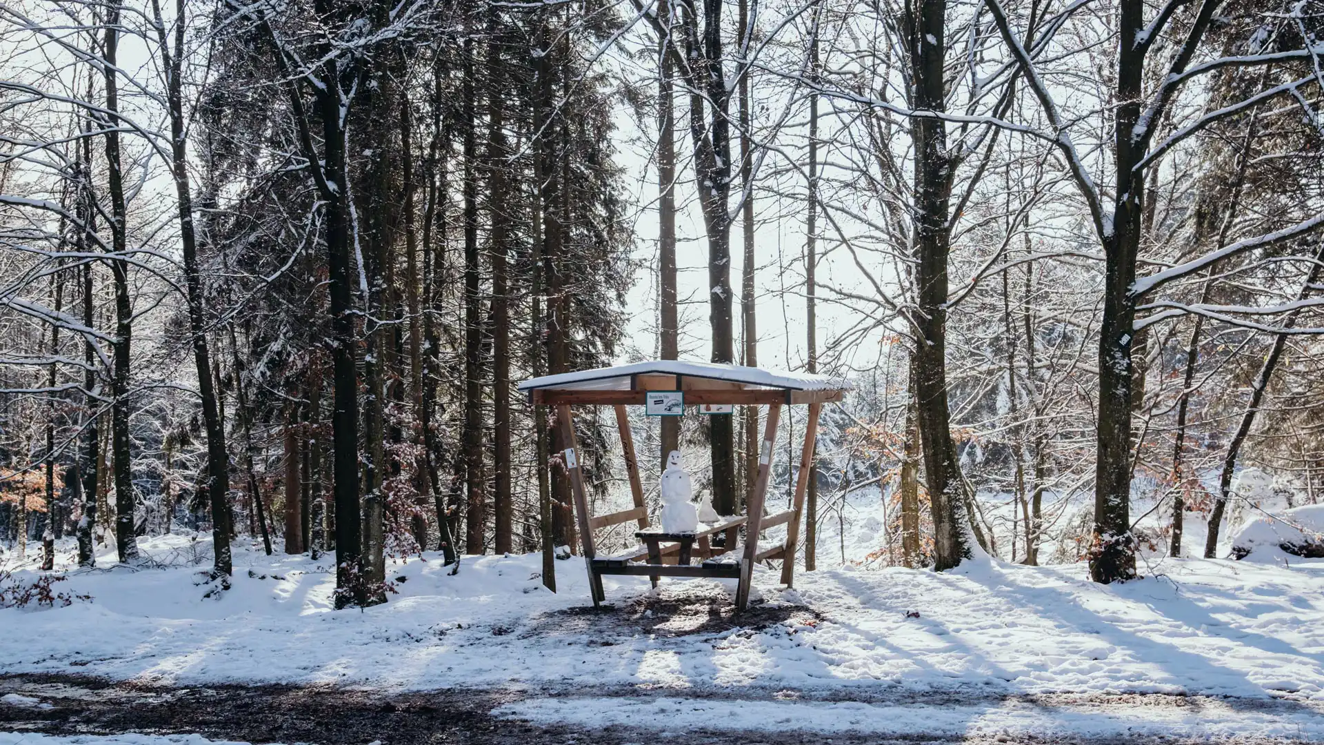 abris de pique-nique en bois avec un bonhomme de neige en hiver à Longfaye