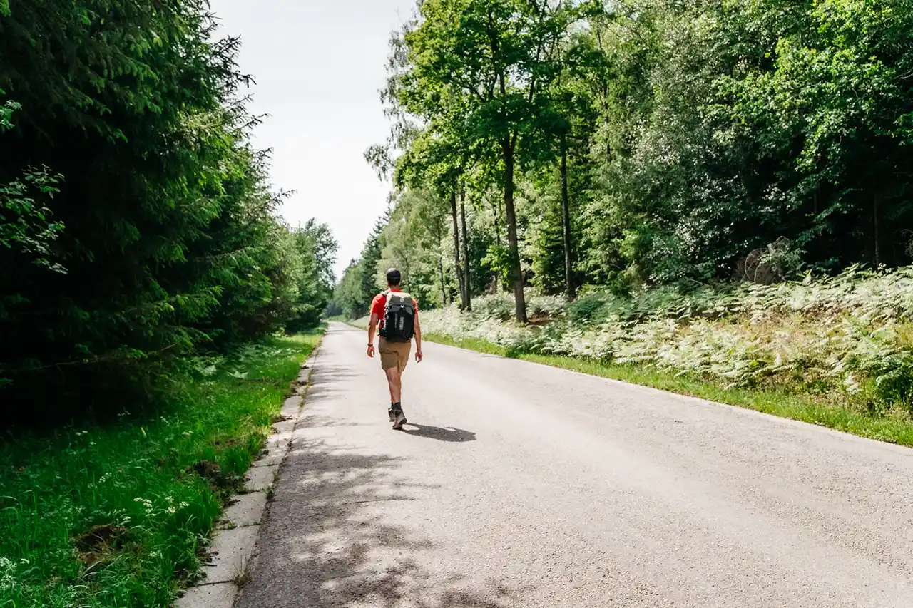 randonneur marchant sur une route asphaltée en foret en Ardenne belge